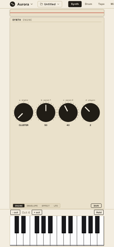 Oscillore's synth engine view, showing the encoder deck and hero display.